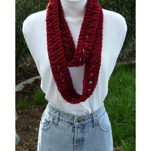 Skinny INFINITY SCARF, Soft 100% Acrylic, Women's Small Loop Cowl, Dark Solid Red Soft Crochet Knit, Narrow Neck Tie, Ready to Ship in 2 Days