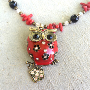 Natural coral sticks, black agate onyx, glass and bronze owl necklace & earrings