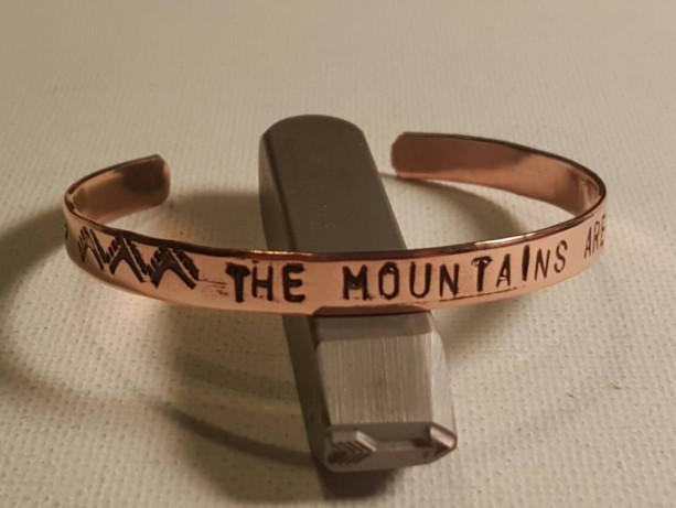 The mountains are calling, personalized copper handstamped cuff