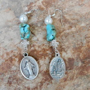 Religious Dangling Earrings, Holy Medal Turquoise Earrings, 