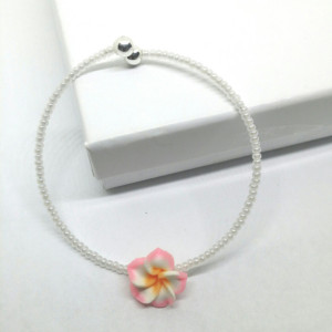 Pearl White Seed Beads with Pink and White Flower Cuff Bracelet