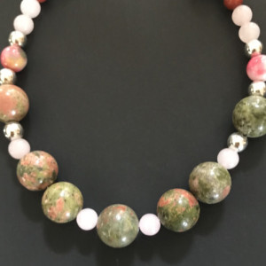 Natural Unakite,Rose Quartz,Red Jasper,Silver Plated Necklace