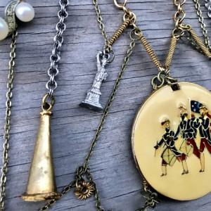 Vintage Bicentennial Pendant Assemblage Necklace, Repurposed, Statement, Wearable Art, Patriotic USA, Red White Blue, Monuments, 4th of July