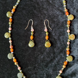 Necklace/Earrings - Unakite Gemstone in Glass Beaded Bezel, ID - 101
