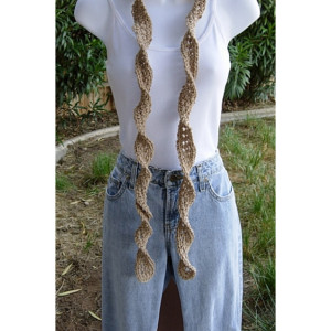 Light Khaki Brown Skinny SUMMER SCARF Small Soft 100% Cotton Spiral Knit Narrow Lightweight Solid Beige Crochet Necklace, Ready to Ship in 2 Days