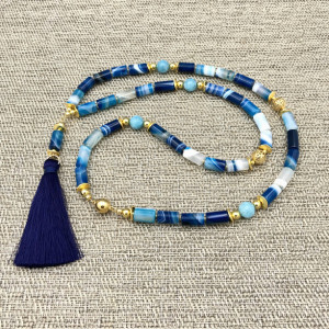 Long Agate Statement Necklace, Tassel Necklace, Long Tassel Necklace, Blue Beaded Necklace, Long Agate Statement, Agate Necklace Long