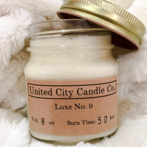 Luxe No. 9 -- Luxurious silky warm vanilla and brown sugar heated to perfection. 100% soy candle. United City Candle Co. Made in USA