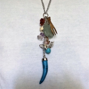 Boho Long Necklace with turquoise stone claw pendant & charms, #N00147