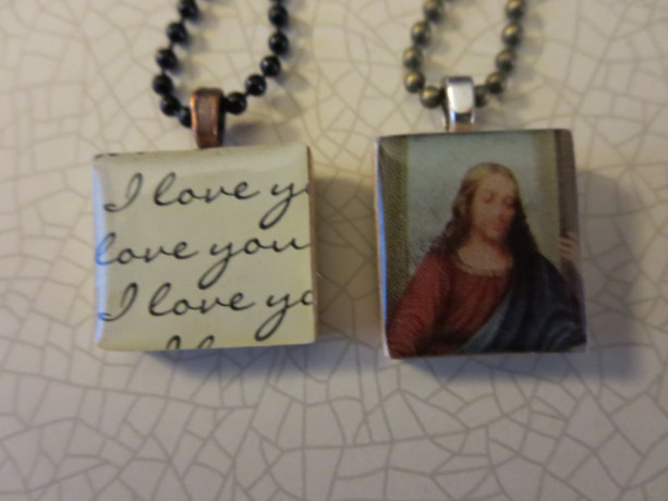 Set of 2 Scrabble® Game Tile Pendants Jesus & I Love You