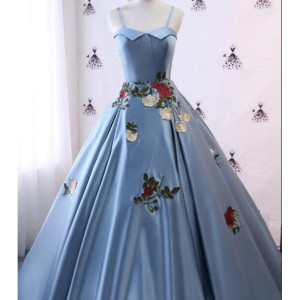 Blue Satin  Modest Spaghetti Straps Lace Applique Pageant Prom Dress
