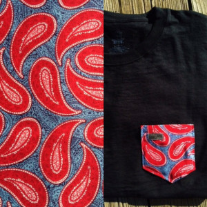 Large Print Red and Blue Paisley Patterned Pocket Tee - Retro Bandana Pattern, Light Blue Background