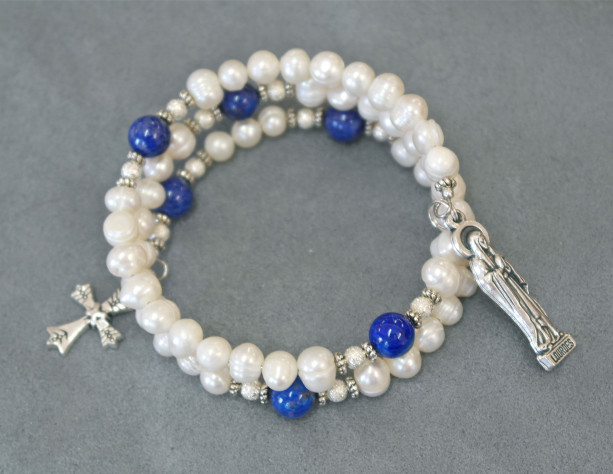 White Freshwater Pearl and Turkish Lapis Rosary Bracelet