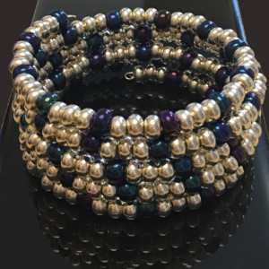 Silver and Rainbow Czech Glass Memory Wire Wrapped Bracelet