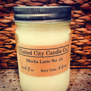Mocha Latte No. 24 -warm cozy coffeehouse atmosphere of rich and creamy fresh ground beans.100% soy candle.United City Candle Co.Made in USA