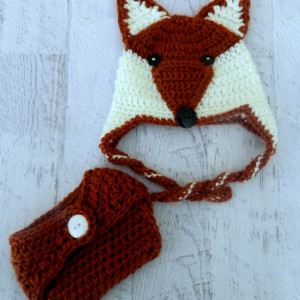 Mister or Miss Fox Crocheted Hat for Infants through Adult Sizes and Optional Matching Diaper Cover