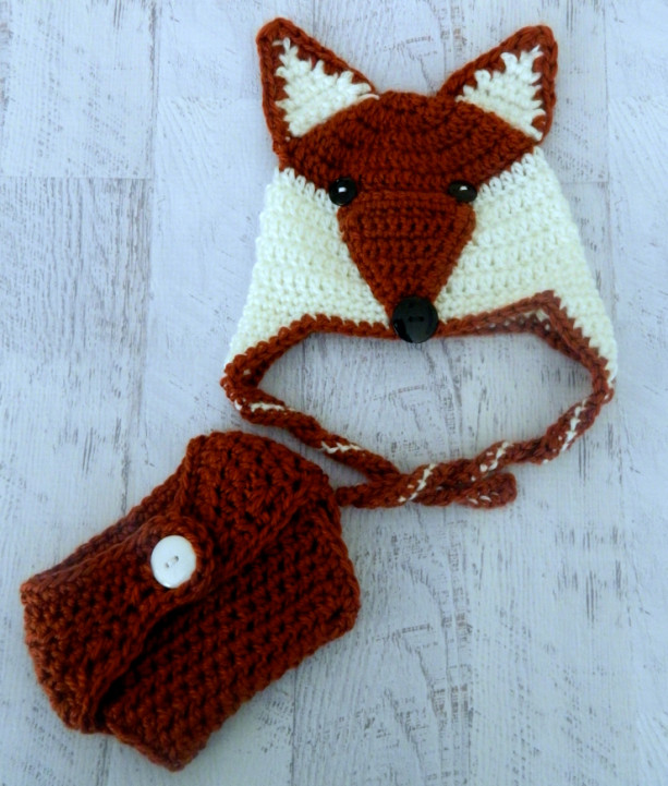 Mister or Miss Fox Crocheted Hat for Infants through Adult Sizes and Optional Matching Diaper Cover