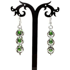 Green dangle earrings / chainmaille / Captured bead / Halloween Jewelry