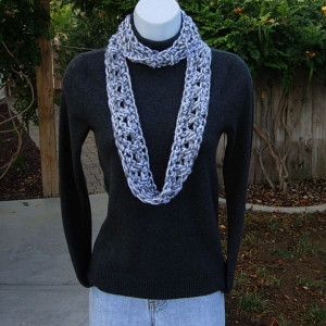 SUMMER INFINITY SCARF Light Silver Gray Grey & White, Soft Crochet Knit Loop Circle Skinny Small Crocheted Necklace..Ready to Ship in 2 Days