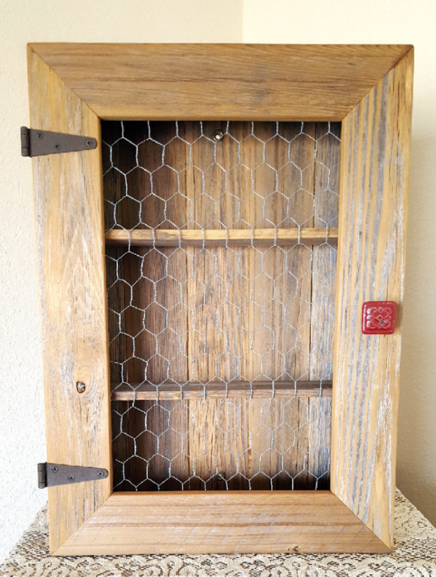 Country Cabinet. Rustic Spice Cabinet with Chicken Wire. Country Kitchen Cabinet, Red Decor