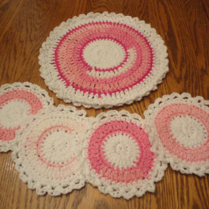 CROCHETED DOILY & COASTERS Set - Variations of Pink and White with Ruffled Edges - One 10 1/2" dia. Doily and Four 5 1/2" dia. Coasters