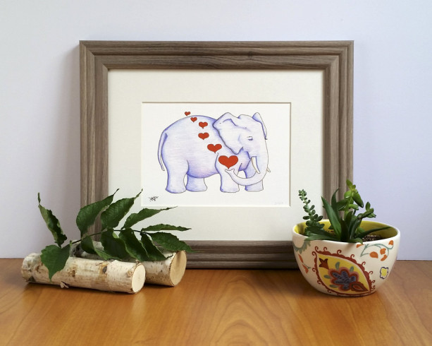 Dreaming Elephant, Fine Art Print, Elephant with Hearts, Nursery Decor, Jungle Art, Jungle Animal, African Elephant, Sleeping Elephant