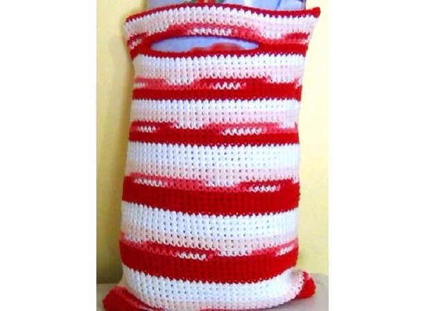 Crocheted Tote Bag -  Cotton Tote - Red, Blush, White Stripe - Reusable 10" x 15" Gift Bag - Valentine - Christmas