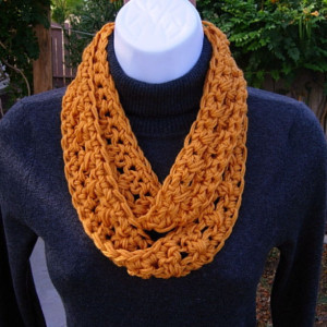 SUMMER SCARF Infinity Loop, Solid Golden Orange Soft Lightweight Skinny Small Crochet Knit Circle Endless Cowl, Crocheted Necklace, Women's Neck Tie..Ready to Ship in 2 Days