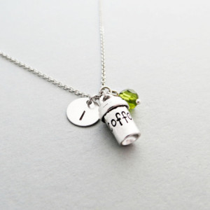 Coffee Cup Initial Necklace Personalized Hand Stamped - with Silver Coffee Cup Charm and Swarovski