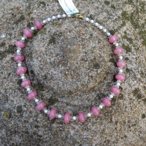 Necklace-Pink Glass, Faux & White Pearl, Clear Glass