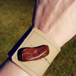 Buff Tan Leather Cuff, Red Jasper Agate-Brass Wire Wrap-Upcycled Leather-Med Unisex fits wrists 6.5, 7 in