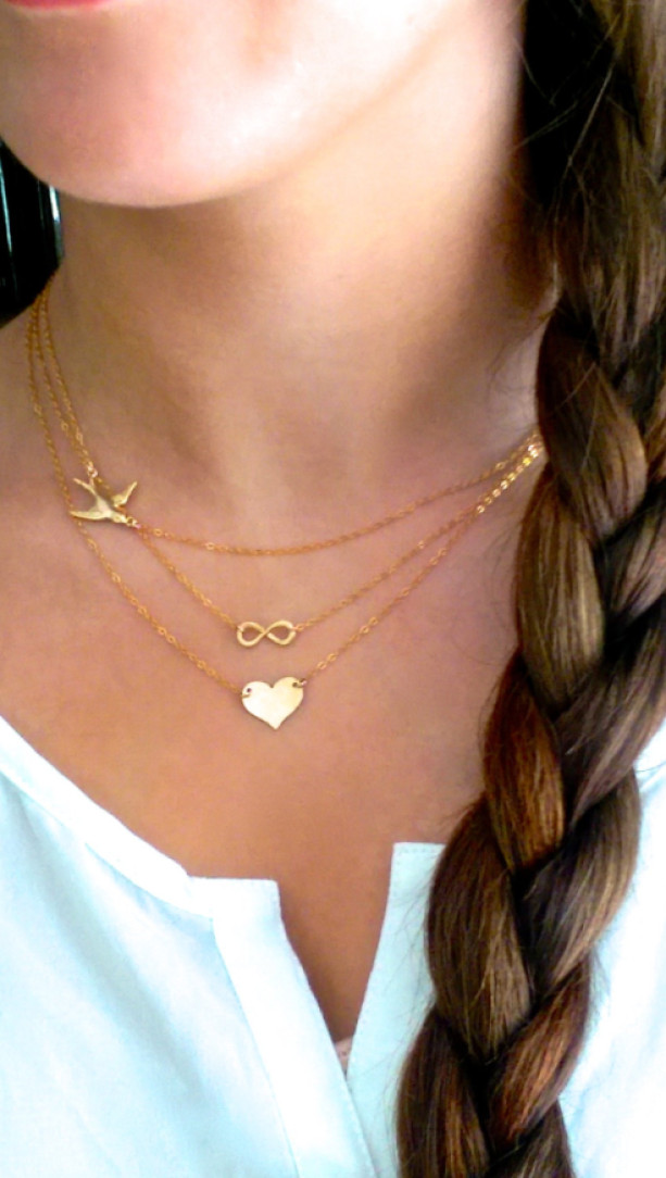 Layer Necklace Set, Gold Layered Necklace Set, Gold Bird Necklace, Gold Infinity Necklace, Set of 3 Layered Necklaces, Tiny Gold Heart