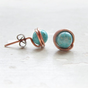 Copper Turquoise Stud Earrings Southwestern Wire Wrap Post Stone | aftcra