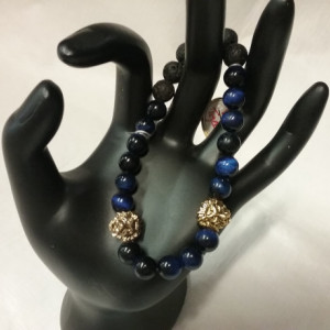 Blue Tiger Eye Gemstones w/Lava Stone Diffuser Mens Bracelet