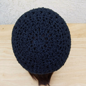 Solid Off Black Summer Beanie Hat, Soft 100% Cotton Lacy Lace Skull Cap, Women's Men's Crochet Knit Airy Chemo Cap, Ready to Ship in 3 Days