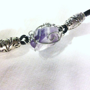 Wire wrapped lilac amethyst stone, leather bracelet