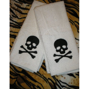 6 piece Set Embroidered Bathroom towels -  Skull and crossbones - more colors available gothic housewares pirate bathroom skull bathroom