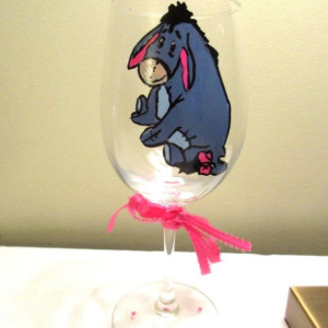 Hand Painted Glass  Eeyore Sitting friend of Winnie the Pooh  12 oz wine glass