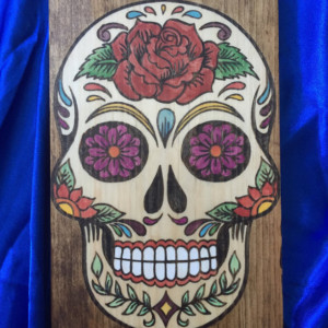 Sugar Skull Wall Hanging Featuring Hand Burned and Stained Design
