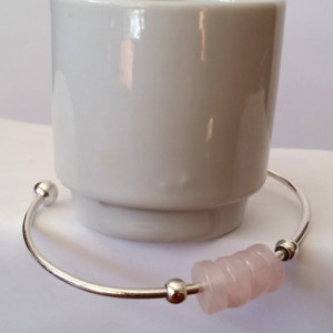 Sterling Silver Add A Charm Cuff Bracelet with  Rose Quartz Beads