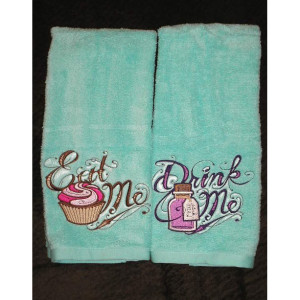 PAIR hand towels - Eat Me & Drink Me - Alice in Wonderland 15 x 25 inch for kitchen / bath MORE COLORS terry cloth