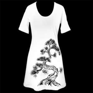 White Japanese Pine Tree Screen Printed T-Shirt Dress, Sumi-e, Gifts for Her, Nature, Botanical, Minimalism, Tunic, Made in USA