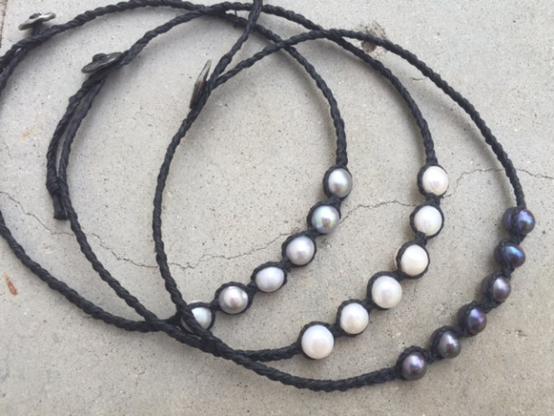 SALE! Braided Black Linen cord and Freshwater pearls