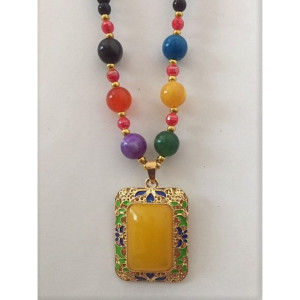 Statement Necklace with Yellow Glass Square Pendant