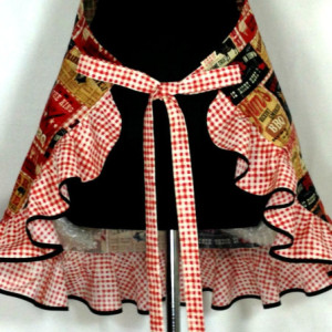 Barbeque Apron for Women , Retro Kitchen Decor, Grilling , Adjustable, Pocket , Rust Check Flounce Ruffle