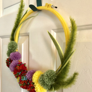Dogs Tail and Pom Pom Flowers Embroidery Hoop Wreath - Yellow Hoop Wreath - Pom Pom Yarn Wreath - Crested Dog Tails Cactus Wreath