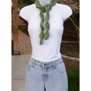 Solid Olive Green Skinny SUMMER SCARF with Twists Small 100% Cotton Spiral Narrow Lightweight Women's Thin Crochet Knit, Ships in 3 Business Days 