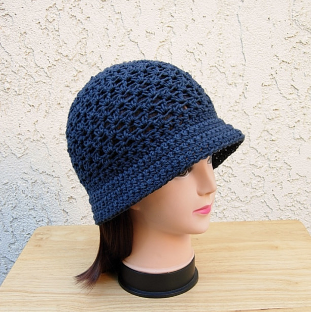 Solid Dark Navy Blue Lightweight Summer Hat with Brim 100% Cotton Lacy Cloche Women's Crochet Knit Bucket Chemo Cap, Ready to Ship in 3 Days