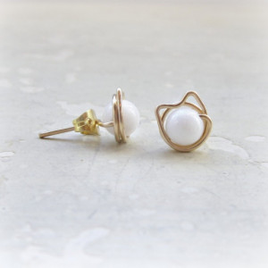 White Cat Stud Earrings, Gold Filled Posts, Pet Lover, Kitty Stud Earrings, White Agate Studs, Cat Jewelry, Kitty Cat,Cat Post Earrings