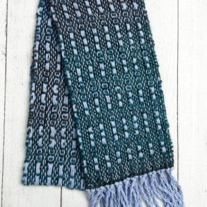 Handwoven Teal and Light Blue Scarf with Black and Copper