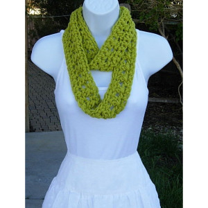 SUMMER SCARF Solid Lime Apple Green Infinity Loop Cowl, Crochet Necklace, Small Skinny Narrow Lightweight Circle..Ready to Ship in 2 Days